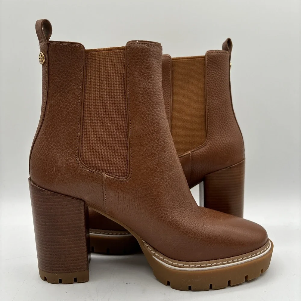 Tory Burch Carson Lug Sole High Heel Boots Women's 7 US Toasted Caramel Pull On